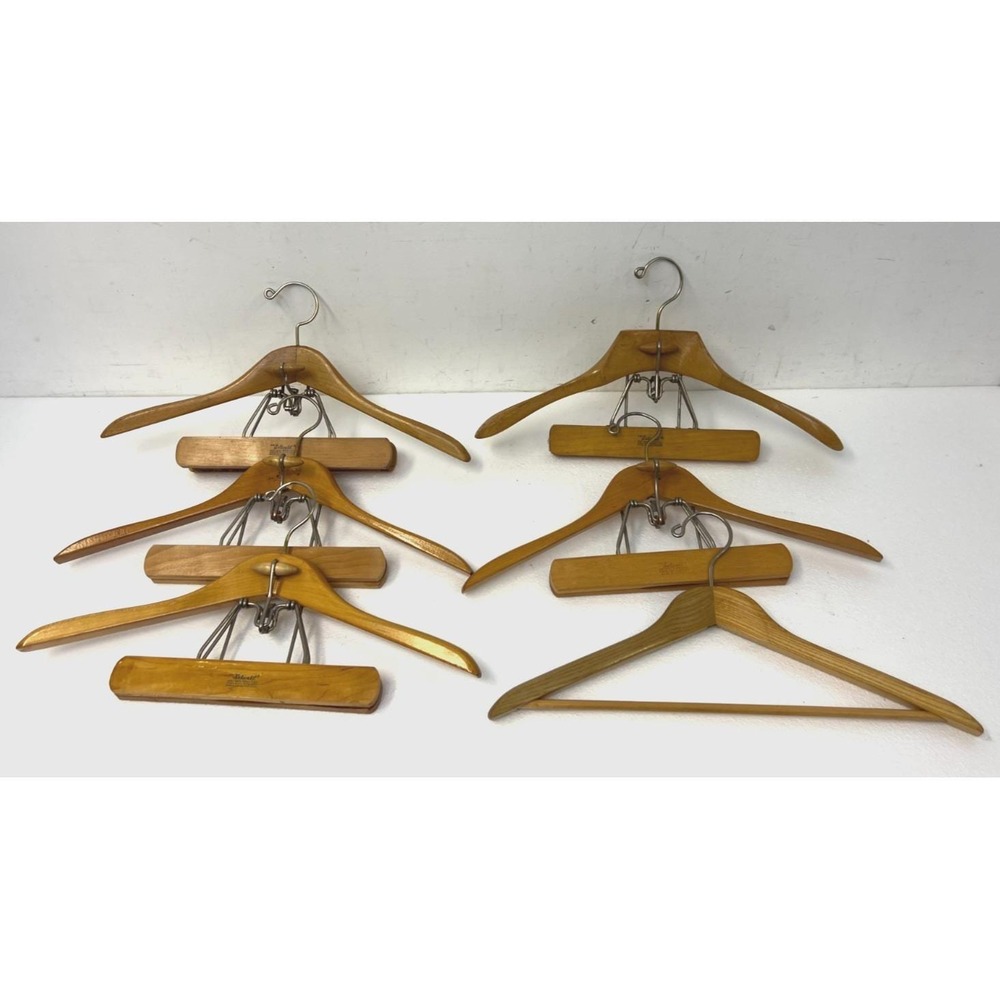 Vintage Setwell Wood Hanger Lot w Trouser Bar closet pants clamp clothing wooden